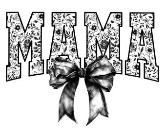 Digital Png File Mama Floral Toile Black Water Color Coquette Bow Clip Art Printable Waterslide Dtf Dtg Sublimation Design INSTANT DOWNLOAD