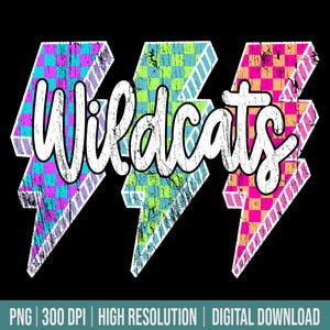 Wildcats Png Lightning Bolt Checkered Png Retro Wildcats Sublimation, Game Day Png Neon Lightning Wildcats Mascot PNG Bright Wildcats