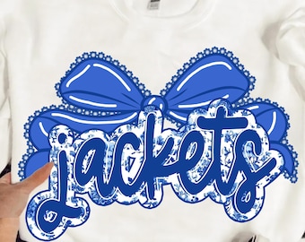 Jackets Png, Jackets Mascot Floral Toile Blue Water Color Coquette Bow, Team PNG, School, Mascot Team name, Fall, Sport, School Spirit Png