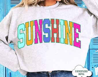 Sunshine Summer Distressed Varsity Png, Letnia koszula Png Trendy Summer Png neon pink Png green Png Aesthetic Png Summertime Distressed