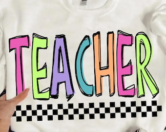 Teacher Png, Colorful Teacher Checkered Design, Teacher groovy png, Teacher groovy, Teacher graphic, Teach Distressed Checker Printable