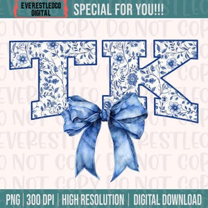 May include: A digital graphic featuring the letters T and K in a block font, filled with a blue and white floral pattern. A large, light blue watercolor-style ribbon bow is positioned in front of the letters. The background contains watermark text.