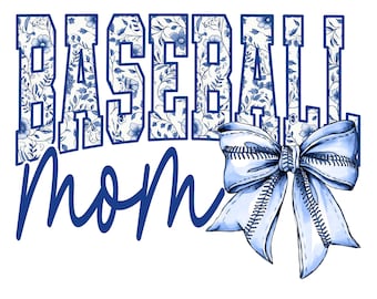 Baseball Mom Floral Toile Blue Water Color Coquette Bow Clip Art Printable, Coquette Bow Baseball Png, Varsity Baseball Mom, Baseball PNG
