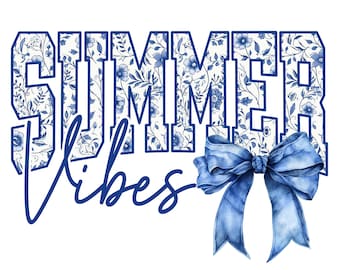 Summer Vibes Floral Toile Blue Water Color Coquette Bow Png, Summer png, Girly Lake png, Lake life png, Summer 2025, Summer Vibes Png