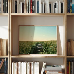 Op de afbeelding: Een rechthoekige ingelijste print met een landschapsfoto van een donkere pick-up truck die gedeeltelijk in een dicht groen maïsveld staat onder een heldere, lichtblauwe lucht. Het kunstwerk staat op een plank in een houten boekenkast.