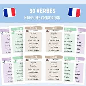 Peut inclure: Un ensemble de fiches pédagogiques intitulé 30 VERBES MINI-FICHES CONJUGAISON présentant des tableaux de conjugaison française. Les cartes sont codées par couleur en violet, vert et beige, affichant des verbes comme PARLER, FINIR et ÊTRE.