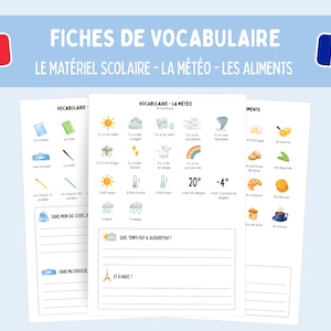 Utskrivbara ordförrådsblad för franska som främmande språk (FLE), skolmaterialpaket, väder och mat, FLE-resurser PDF A1 A2, resurser på franska