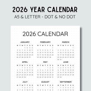 Peut inclure: Un calendrier annuel 2026 en noir et blanc, avec le texte "2026 YEAR CALENDAR" et "A5 & LETTER - DOT & NO DOT". Le calendrier affiche les mois de janvier à septembre avec les dates.