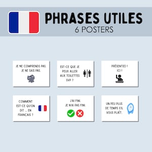 May include: Six white posters with French phrases, including "I don't understand," "Can I go to the bathroom?" and "Present! Here!" Each poster has black text and a small graphic. The French flag is in the upper left corner.
