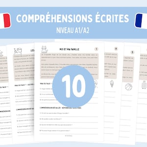Può includere: Un set di schede di comprensione della lettura in francese per i livelli A1/A2. Le pagine presentano testi intitolati "Moi et ma famille" e "Compréhensions écrites", esercizi "Vrai ou Faux", sezioni numerate e piccole icone in bianco e nero.