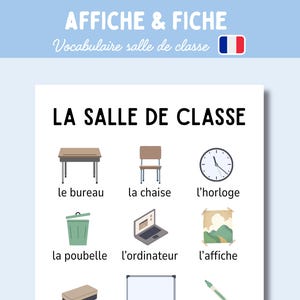 May include: A white educational poster titled LA SALLE DE CLASSE featuring illustrations of classroom items including a desk, chair, clock, trash can, computer, and poster, each labeled with its corresponding French name in black text.