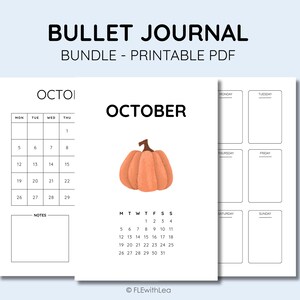 Peut inclure: Un ensemble de pages de journal bullet imprimables comprenant un calendrier mensuel pour octobre avec une illustration de citrouille orange au centre, une grille de calendrier et une page de planification hebdomadaire avec du texte.