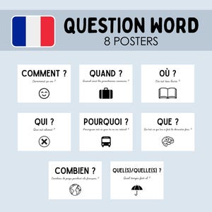 Puede incluir: Un conjunto de ocho carteles educativos con palabras interrogativas francesas. Cada cartel presenta una palabra interrogativa en texto grande, una ilustración sencilla y una frase corta. La bandera francesa está arriba a la izquierda.