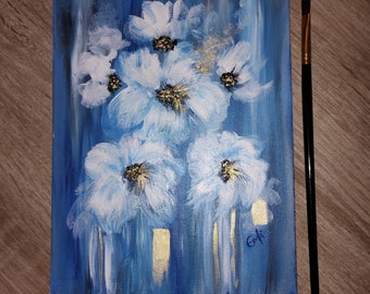 White acrylic flower painting, blue and white flowers, acrylic floral home art, original acrylic flower painting, blue and white home decor