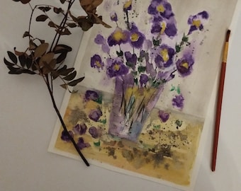 Flowers in a vase painting, impressionist flower painting, purple flowers and vase, purple flowers painting, original flower painting.