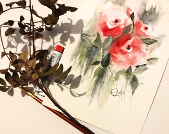 Red roses painting, original roses watercolour, red flowers painting, roses wall art, home decor flowers, original roses watercolor