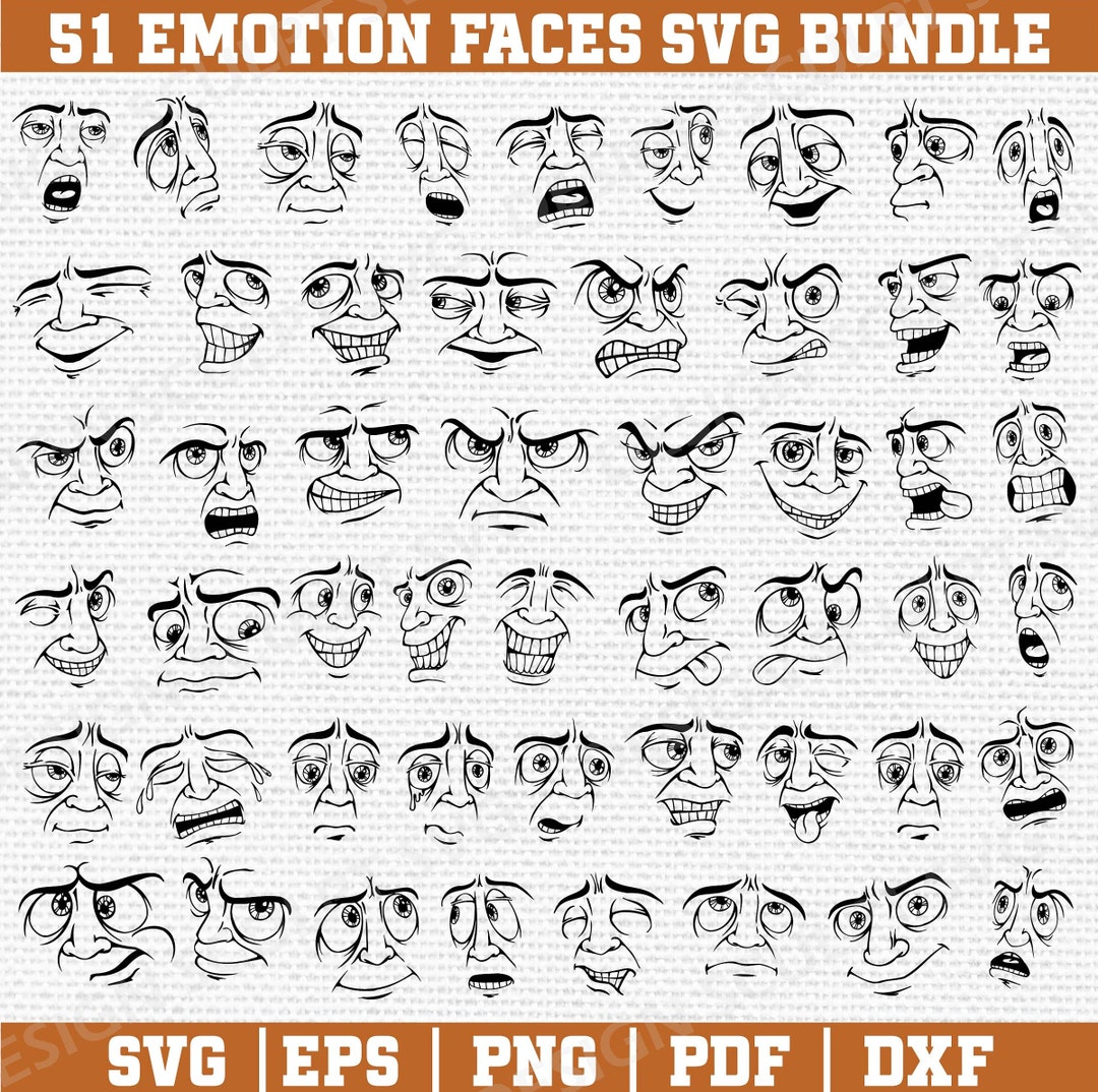 Funny Face SVG, Cartoon Emotion Faces SVG Bundle, Emoji Face, Cartoon ...