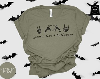 Camiseta con manos de esqueleto de paz, amor y Halloween, linda camiseta de Halloween, camiseta de esqueleto, camiseta de Halloween para mujer, camiseta de esqueleto, camiseta de Halloween