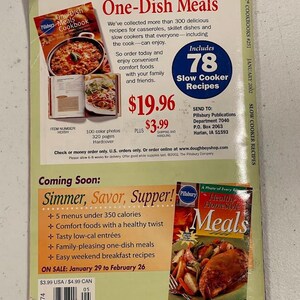 May include: The back cover of a cookbook titled "The ONE Book for One-Dish Meals" with a photo of a casserole. It includes 78 slow cooker recipes and features a hardcover with 320 pages and 100 color photos. The book also advertises a new cookbook.