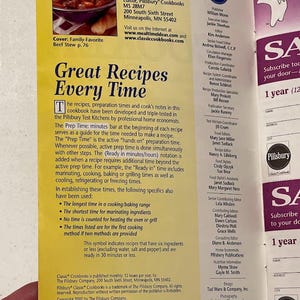 May include: Open cookbook page with text and a photo of beef stew. The Pillsbury logo is visible. Text includes "Great Recipes Every Time" and details about recipe preparation and timing. Copyright 2002.