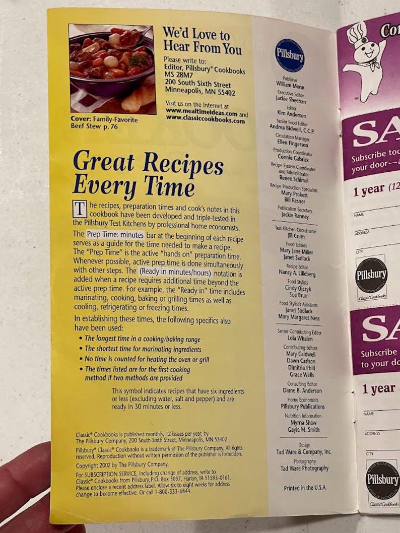 May include: Open cookbook page with text and a photo of beef stew. The Pillsbury logo is visible. Text includes "Great Recipes Every Time" and details about recipe preparation and timing. Copyright 2002.