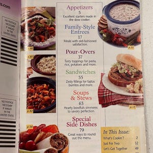 May include: A magazine spread featuring a table of contents with categories like Appetizers, Family-Style Entrees, and Sandwiches. Images of food, including a slow cooker dish, a sandwich, and a bowl of stew, accompany the text. The page numbers are visible.