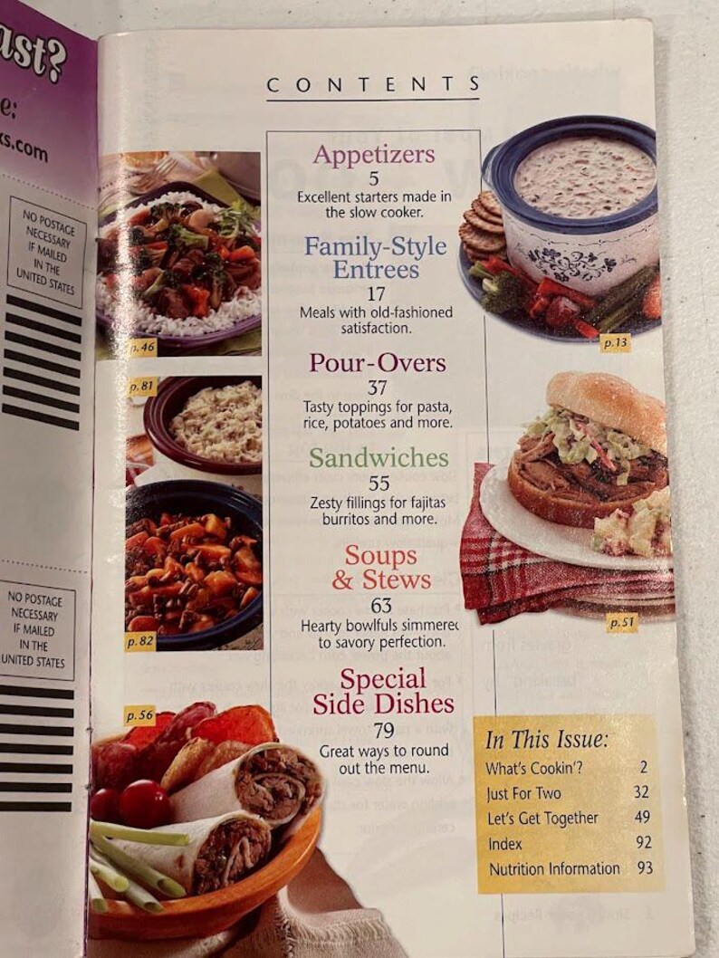 May include: A magazine spread featuring a table of contents with categories like Appetizers, Family-Style Entrees, and Sandwiches. Images of food, including a slow cooker dish, a sandwich, and a bowl of stew, accompany the text. The page numbers are visible.