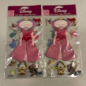 May include: Two packages of Disney Sleeping Beauty sticker collages. Each package features a pink dress, floral basket, and various character stickers. The Disney logo and text are visible at the top of each package.