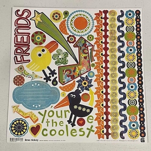 May include: A sheet of colorful stickers with various designs. Includes the word "FRIENDS" in red, a yellow bird, a black bird, arrows, hearts, and the phrase "Your the coolest". The stickers have a variety of patterns and colors.