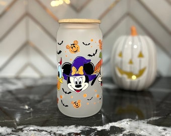 Halloween Minnie And Friends 16 oz Glass Tumbler With Bamboo Lid And Clear Straw