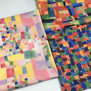 May include: Four fabric samples with abstract geometric designs. The fabrics display a range of colours, including yellow, pink, blue, green, and red. The patterns are reminiscent of modern art, with a mix of squares, rectangles, and brushstrokes.
