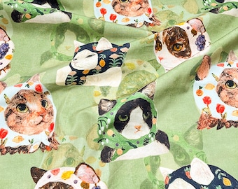 Tessuto per foulard con stampa di gatto, 100% cotone, venduto a mezzo metro.