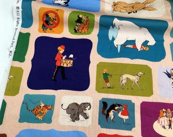 Tessuto vintage con animali e persone, cartone animato, tessuto 100% cotone, al metro quadro