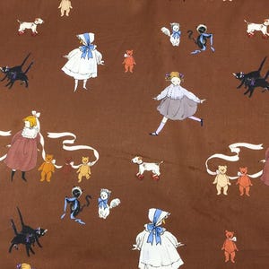 May include: Brown fabric with a repeating pattern of vintage illustrations. The design includes children in dresses, teddy bears, dogs, and black cats. The illustrations are in shades of white, brown, red, and blue.
