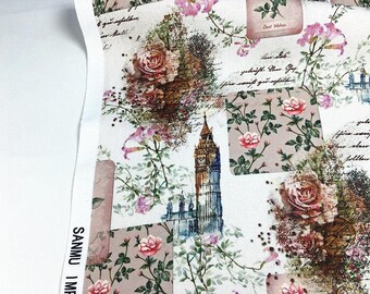 Vintage London Big Ben Fabric 100% Cotton Fabric By The Half Yard