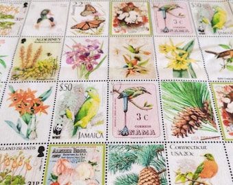 Vintage natuurprint met vogelmotief, stof van 100% katoen, verkocht per halve meter.