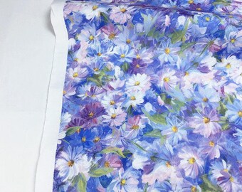 Aquarel blauwe madeliefjesstof, cartoonstijl, 100% katoen, per halve meter.