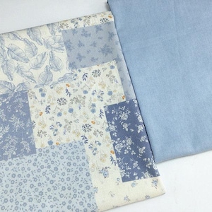 Op de afbeelding: Twee stukken stof: een patchwork met blauwe bloempatronen en een effen lichtblauwe stof. De patchwork heeft verschillende bloemen- en bladerontwerpen in blauwe en witte tinten, wat een visueel contrast creëert.