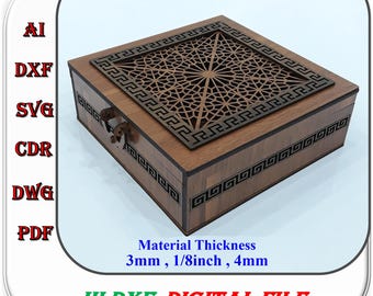 Wooden Wedding Box Laser Cut File for 3mm 1/8inch 4mm Material Thickness, Wooden Hinged Box Template
