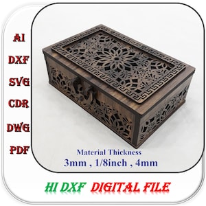 フラップ蓋とロック付き木製ギフトボックスレーザーカットファイルSVG DXF Aiテンプレート、3 mm 1/8インチ4 mmギフトボックスカッティングファイル