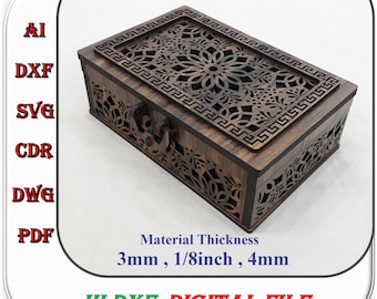 Geschenkbox aus Holz mit Klappdeckel und Schloss Laser Cut DateiSvg Dxf Ai Vorlage, 3 mm 1/8 Zoll 4 mm Geschenkbox Schneidedatei