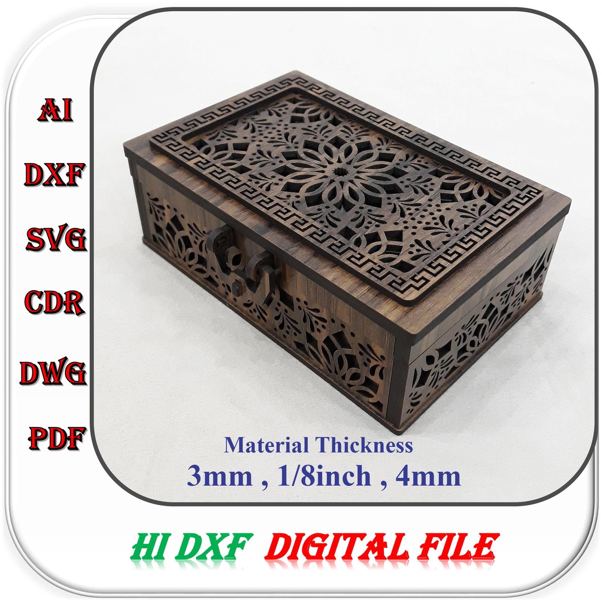 フラップ蓋とロック付き木製ギフトボックスレーザーカットファイルSVG DXF Aiテンプレート、3 mm 1/8インチ4 mmギフトボックスカッティングファイル