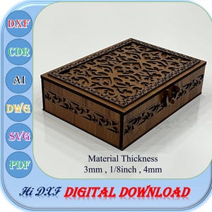 Puede incluir: Una caja rectangular de madera con intrincados diseños florales cortados con láser en la tapa y los lados. La caja es de color marrón cálido y tiene un cierre de broche. El texto "Material Thickness 3mm, 1/8inch, 4mm" es visible. La imagen también incluye el texto "Hi DXF DIGITAL DOWNLOAD".