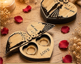 May include: Two heart-shaped wooden ring boxes with laser-engraved silhouettes of a couple and the text "love you" and "LOVE". One box is closed, while the other is open, revealing two circular cutouts designed to hold rings securely inside.