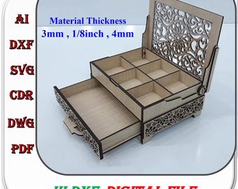 Wooden Jewelry Box with Drawer Laser Cut Box, 3mm 4mm 1/8inch Jewelry Box Svg Dxf Ai Template
