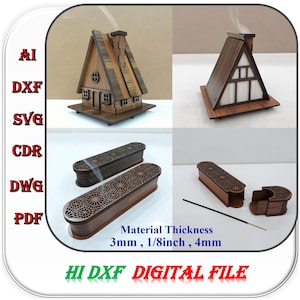Paquete de 4 soportes para varillas de incienso de madera cortadas con láser. Producto: 3 mm, 4 mm, 1/8 de pulgada de grosor. Archivos de corte SVG, DXF, AI.