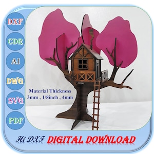 Hölzern Baum Haus Laser Cut Vorlage Dxf Dxf Ai für 3 mm 1/8 zoll 4 mm Materialstärke