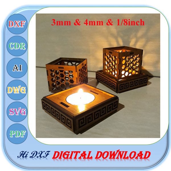 Laser Cut Candle Holder 3mm 4mm 1/8 inch Cut Files, Wooden Candle Stick Svg Dxf Files