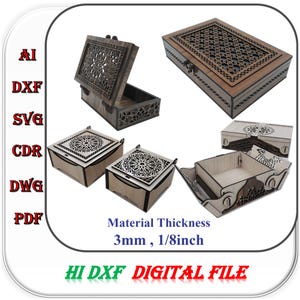 4er Set Geschenkbox Laser Cut Datei für 3 mm 1/8 Zoll Materialstärke, Geschenkbox aus Holz svg Dxf Ai Template