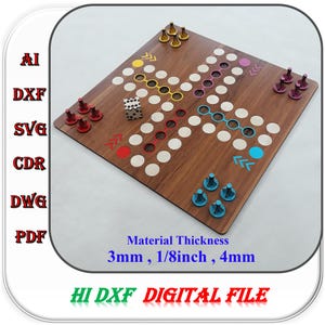 File di taglio laser per gioco da tavolo Ludo, modello laser per gioco da tavolo in legno Ludo per famiglie da 3 mm, 4 mm e 1/8 di pollice, file di taglio SVG DXF Ai per gioco da tavolo Ludo con gettoni e dadi